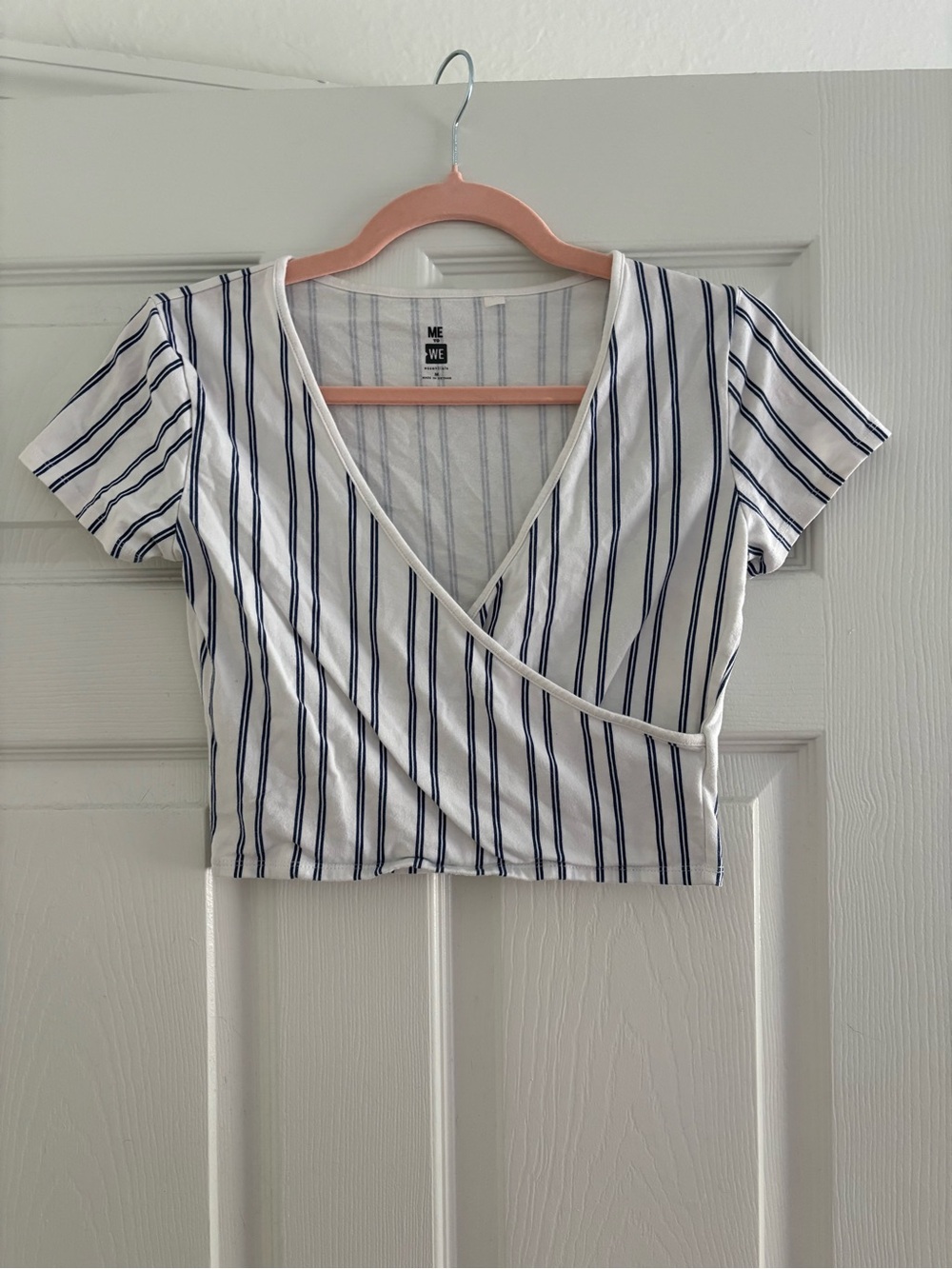 Me to We White Navy Vertical Stripe Wrap Crop Top